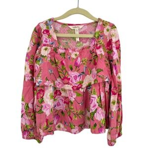 Matilda Jane Girls Pink Floral Ruffle Square Neck Long Sleeve Top Size 8